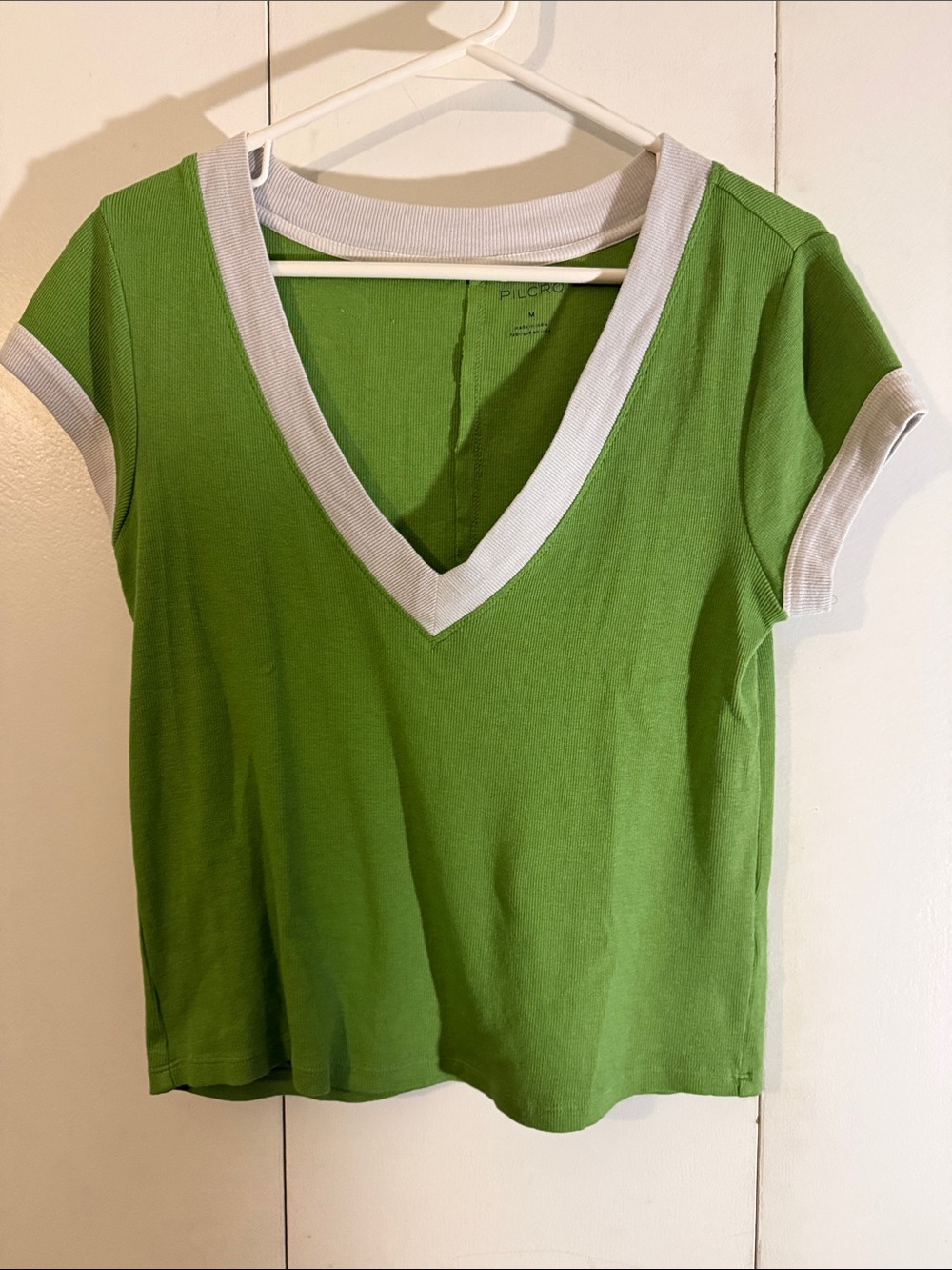 Pilcro Green V-Neck Tee with Cream Trim